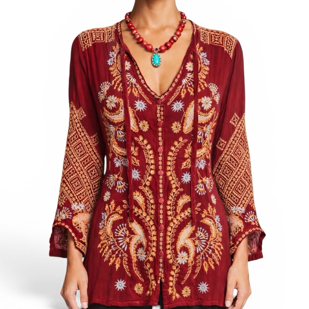 Johnny Was heavily embroidered Minerva Button Front Blouse NWT